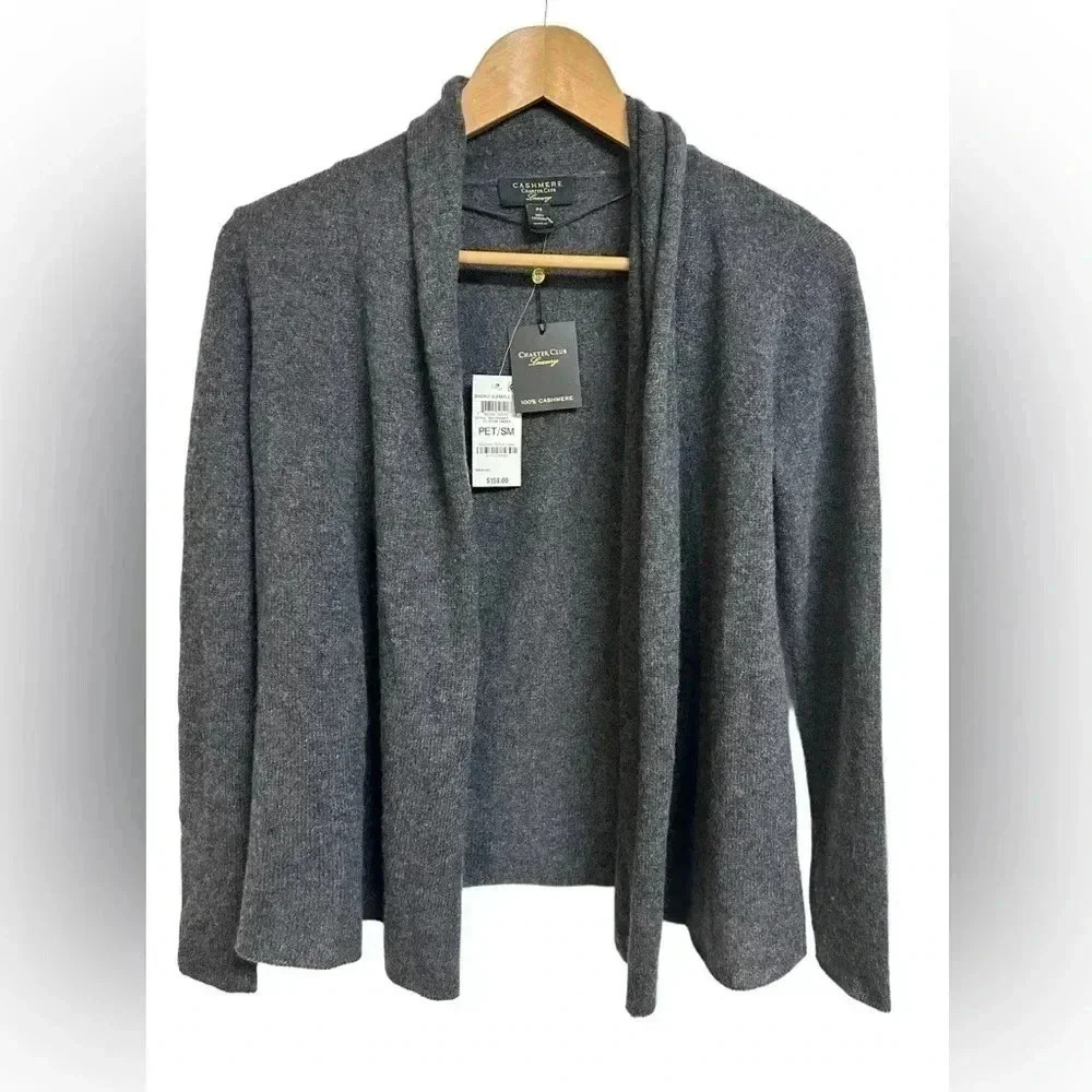 Charter Club Luxury Open Front Cashmere Cardigan Sweater Gray Small Petite NWT